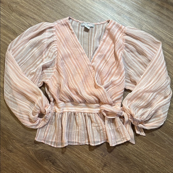 Flying Tomato Tops - Flying Tomato Top women’s large pink peach mauve tie long sleeve puffy sleeve